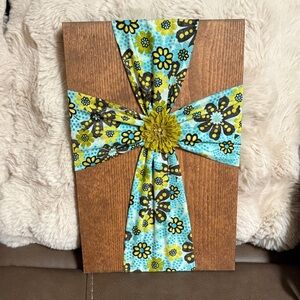 Rustic Floral Cross Wall Art with Blue and Green Accents